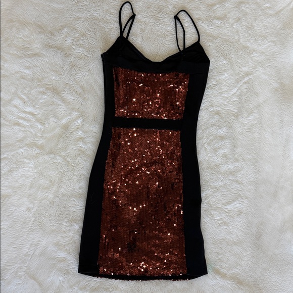 BEBE Sequin Bronze and Black Mini Dress - Picture 3 of 7